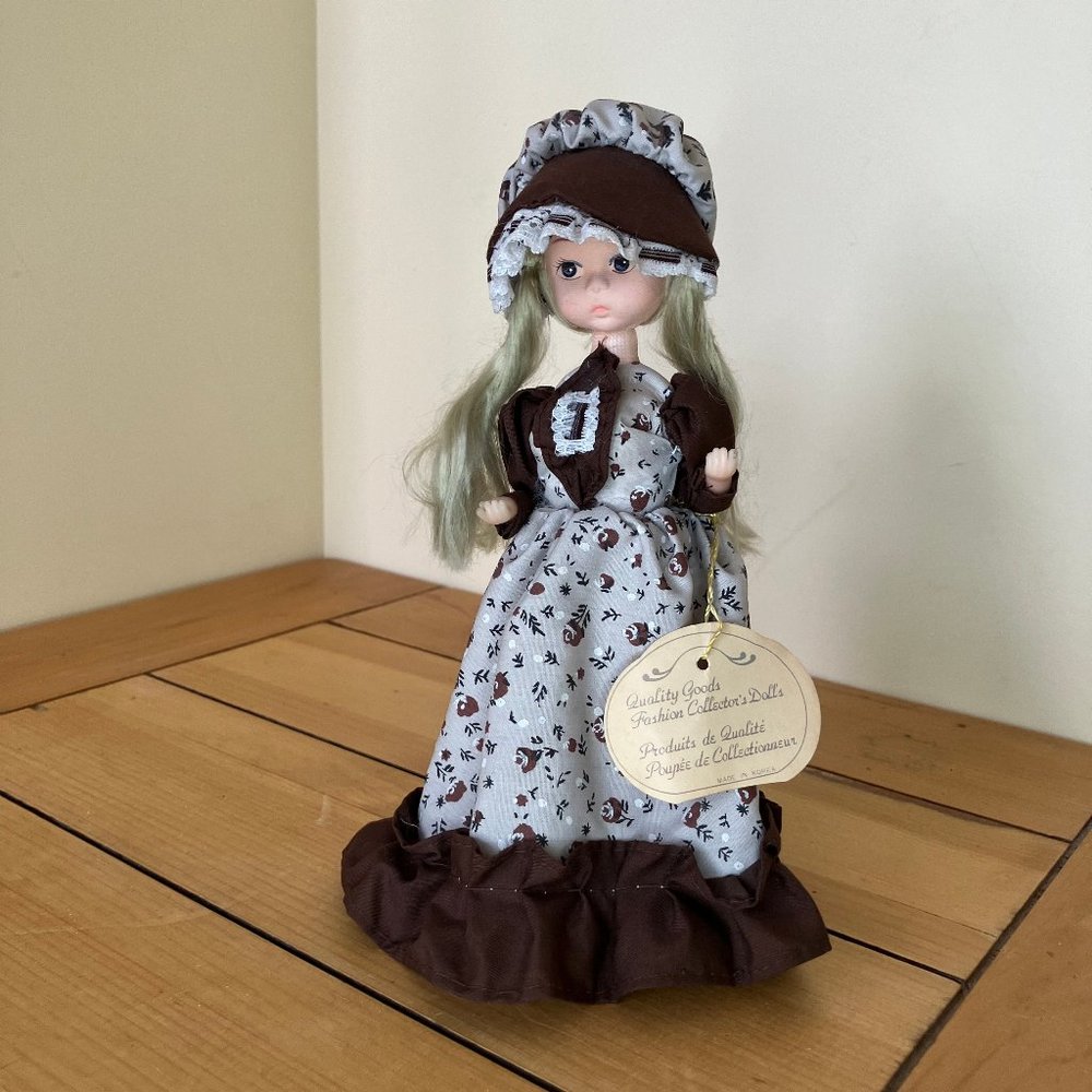 Blonde Big Eye Doll Brown Calico Floral Prairie Bonnet & Dress 9" Vintage Korea